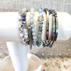 Silvertone and Blue Beaded Bracelet Set